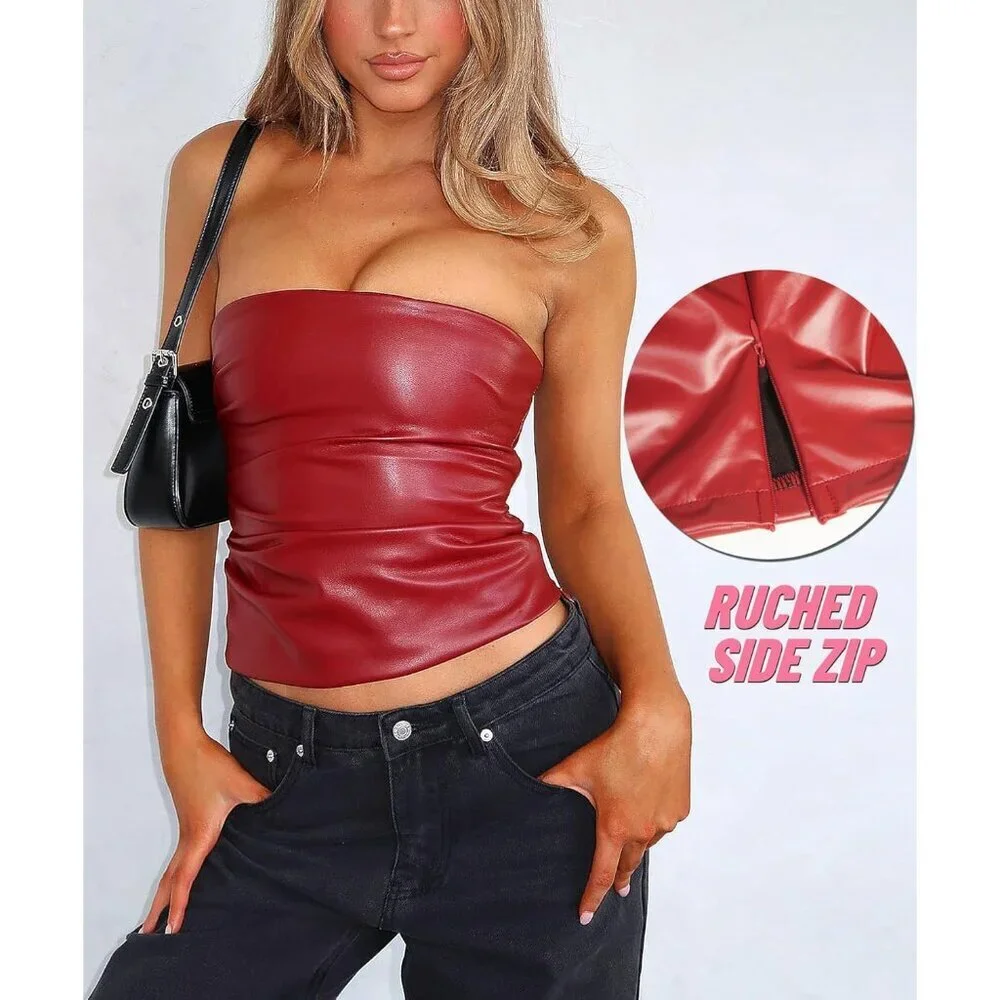 Women Faux Leather Sexy Ruched Strapless Tube Top for Night Out Party - Picture 2 of 6